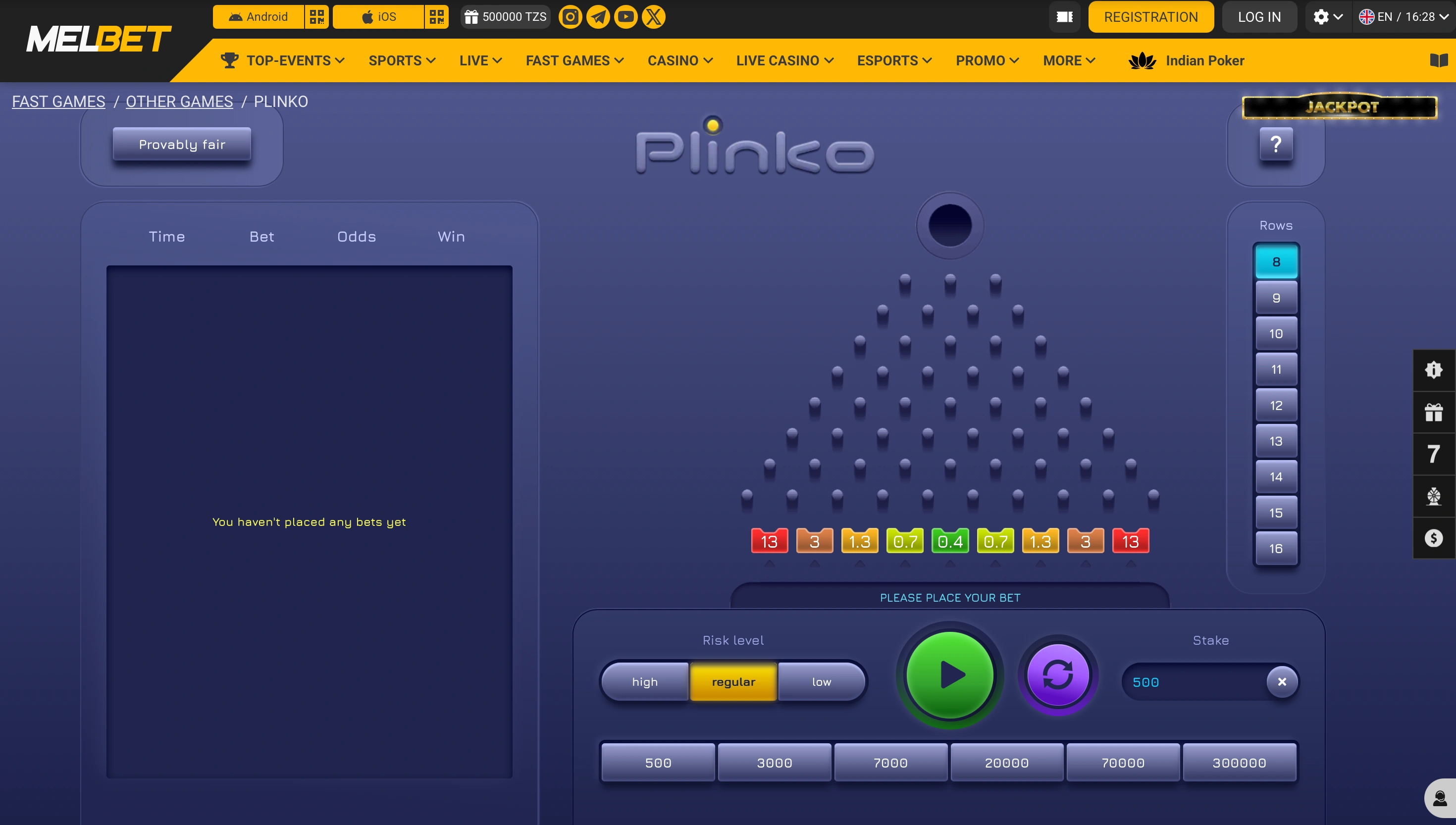 Spribe Plinko peg board with colored multiplier slots showing the 16-row configuration at Melbet
